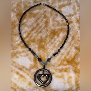 Heart in Circle Beaded Necklace Metallic Dark Grey with blue beads